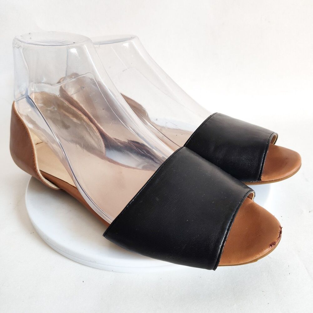 Nine‎ West Tan Black Faux Leather Open Toe Slip On D'Orsay Flats Size 8M Vegan